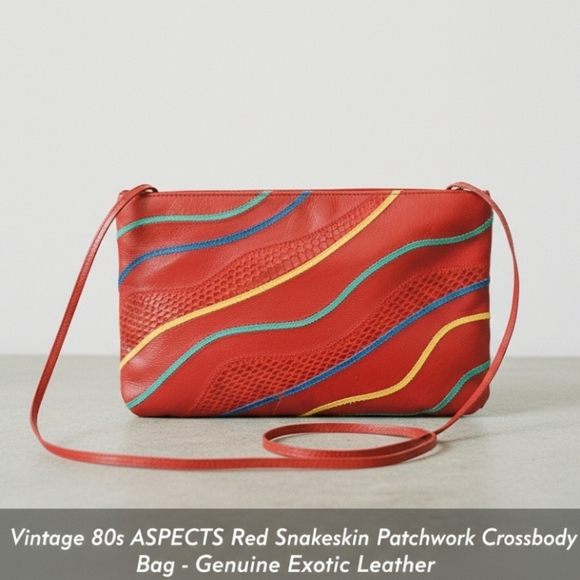 Vintage Handbags - Vintage 80s ASPECTS Red Snakeskin Patchwork Crossbody Bag - Genuine Exotic Leath